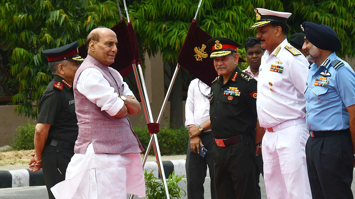 Indian Defence Minister Rajnath Singh (2nd left) with (from left) Chief of Defence Staff General Anil Chauhan (L), Army chief General Upendra Dwivedi, Navy chief Admiral Dinesh Kumar Tripathi, and Air Force chief Marshal Amar Preet Singh. 