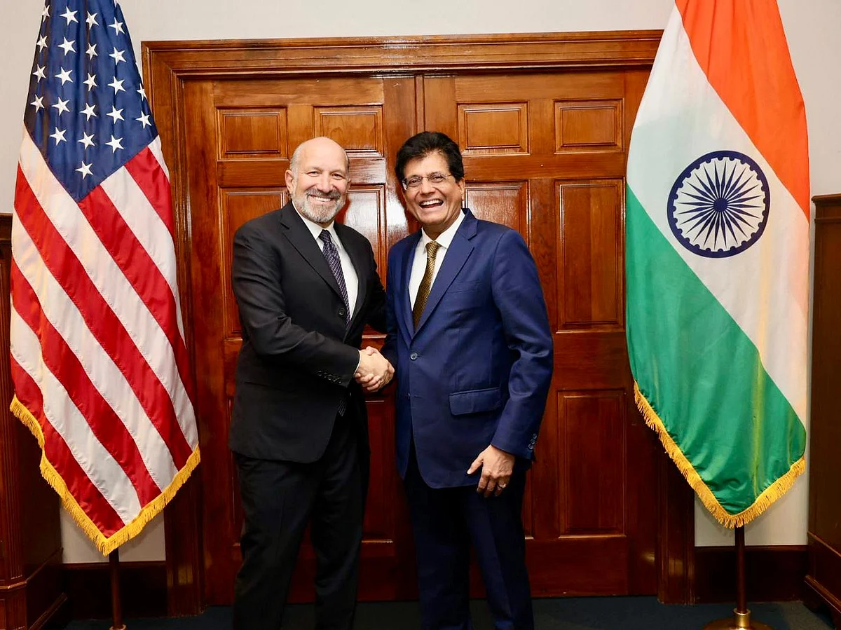 Commerce and industry minister Piyush Goyal (right) with US commerce secretary Howard Lutnick.
