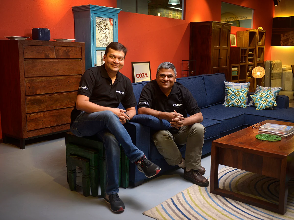 Ambareesh Murthy and Ashish Shah, founders of Pepperfry.com, pose for a profile shoot at Studio PepperFry on August 11, 2015 in Mumbai.