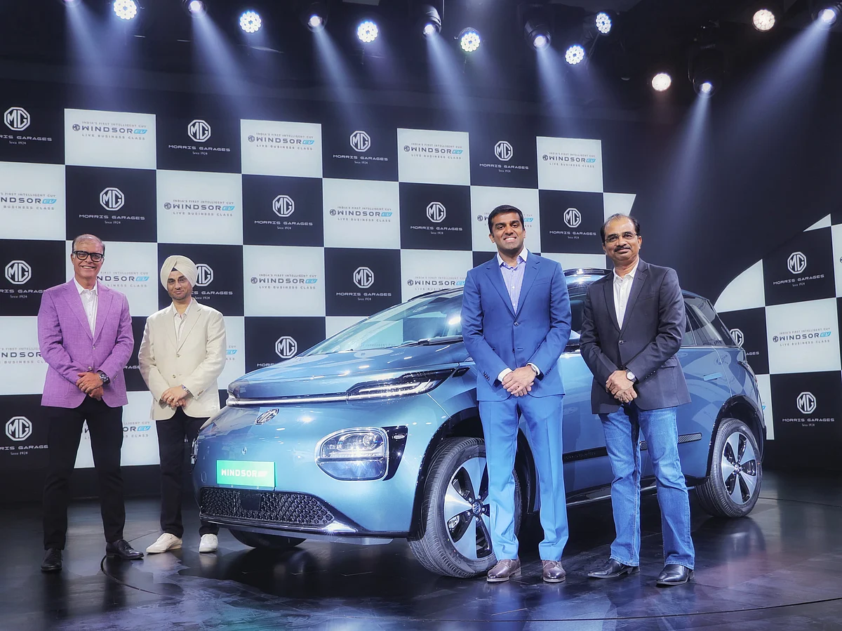 (L-R) JSW MG Motor India CEO emeritus Rajeev Chaba; chief commercial officer Satinder Bajwa; director Parth Jindal; managing director Biju Balendran.