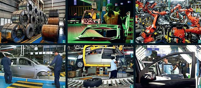 SIX STEPS IN THE FIGO'S MANUFACTURING PROCESS:1: Blanking: Metal sheet coils are stacked before they are converted to ‘blanks’ or sheet metals for shaping specific car parts.  2: Stamping: The blanks acquire the shape of car parts of the outer body (like the Figo’s rear door in this photo).  3: Welding: Robotic arms carry out intricate welding processes.<br />
 4: Body Shop: Shopfloor workers che