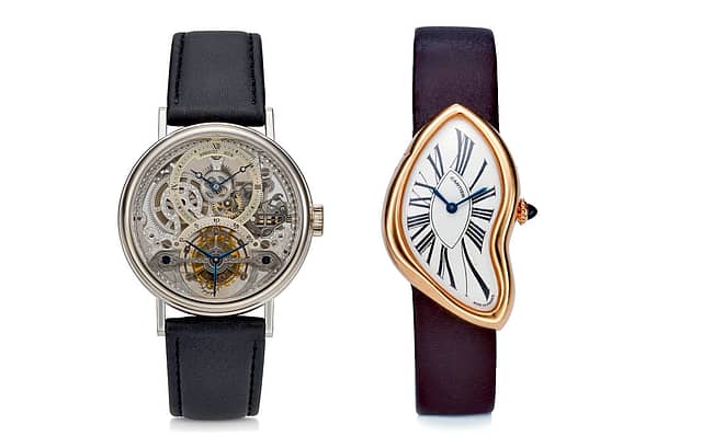 (left) Breguet, 18k white gold, 
skeletonised, tourbillon; 
price not available (right) Cartier Crash, 18k pink gold 
with curved case;
price realised: $137,500