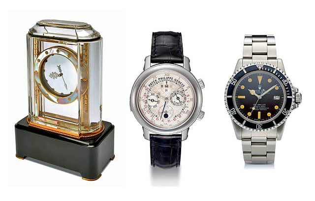 (left) Cartier Mystery Clock, Model 
A; price realised: $562,500 
(center) Patek Philippe, Sky Moon Tourbillon; 
price realised: $1,590,000 
(right) Rolex, Sea Dweller, ‘Great White’, 
in steel; price not available