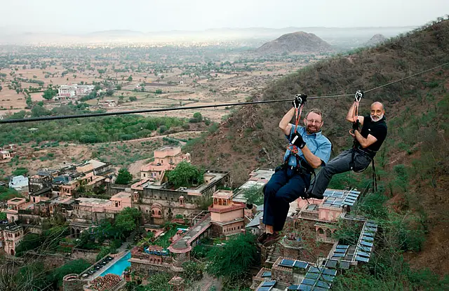 Wacziarg and Nath try their hand at zipping, a modern touch to the 15th-century Neemrana Fort-Palace.