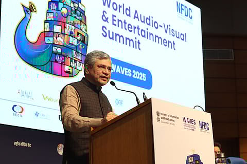 Ashwini Vaishnaw, Union Minister of Information and Broadcasting, and Union Minister of Electronics and Information Technology, at the Waves Bazaar 2025 launch event
