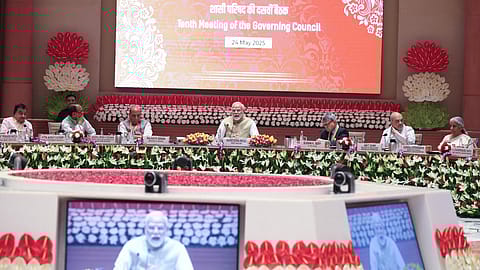 Prime Minister Narendra Modi chairing the 10th Governing Council Meeting of NITI Aayog at Bharat Mandapam in New Delhi.