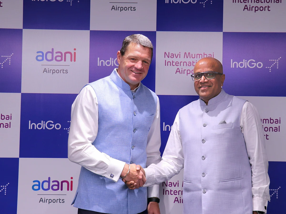 Pieter Elbers (left), CEO, IndiGo and Arun Bansal, CEO, Adani Airports Holding Ltd.