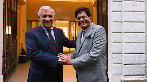 Union Commerce Minister Piyush Goyal with Italian Deputy Prime Minister and Minister of Foreign Affairs and International Cooperation Antonio Tajani in Brescia, Italy.