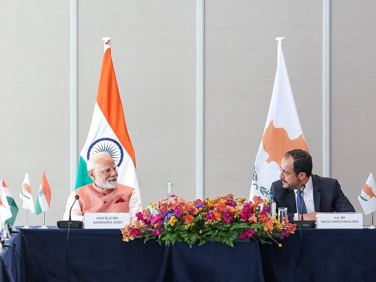 Prime Minister Narendra Modi with the President of Cyprus Nikos Christodoulides (right).