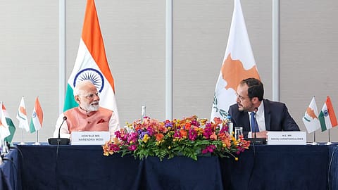 Prime Minister Narendra Modi with the President of Cyprus Nikos Christodoulides (right).