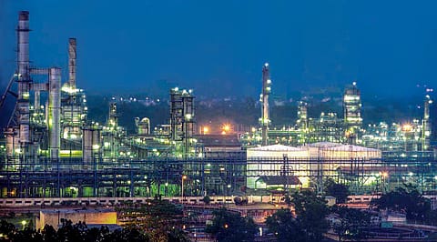 A Reliance Industries Ltd. petrochemical plant is pictured at night in Jamnagar, Gujarat.&nbsp; &nbsp;  &nbsp;