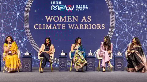 From left: Ajita Shashidhar, National Editor, Fortune India; Vaishali Nigam Sinha, Co-founder of ReNew and Chairperson, Sustainability; Preeti Bajaj, CEO & MD, Luminous Power Technologies; Dipali Goenka, MD & CEO, Welspun Living and Ritu Gangrade Arora, CEO & CIO, Allianz Investment Management, Asia-Pacific