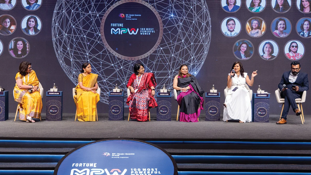 L to R: Ajita Shashidhar, National Editor, Fortune India; Soumya Rajan, Founder & CEO, Waterfield Advisors; Madhura DasGupta Sinha, Founder & CEO, Aspire for Her; Amisha Vora, Chairperson & MD, PL Capital Group (Prabhudas Lilladher); Devita Saraf, Founder, Chairperson & CEO, The Vu Group; V Keshavdev, Executive Editor, Fortune India