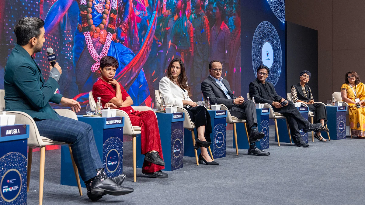 L to R: Aayush Ailawadi, Consulting Editor, Fortune India; Jyoti Deshpande, President, Media and Content Business, RIL; Monika Shergill, Vice President, Content, Netflix India; Vikram Malhotra, Founder & CEO, Abundantia Entertainment; Ram Madhvani, Founder, Ram Madhvani Films and Equinox; Kiran Rao, Film-maker; Ajita Shashidhar, National Editor, Fortune India