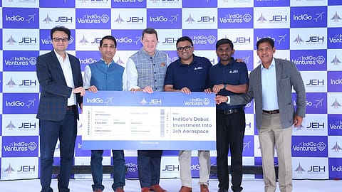 Pieter Elbers (3rd from left), CEO at IndiGo, during the announcement on IndiGo Ventures' debut investment into Jeh Aerospace.