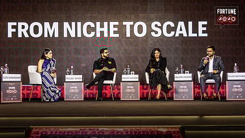 Palak Shah, Co-founder & CEO, Ekaya Banaras; Sagar J Daryani, Co-founder & CEO, Wow! Momo; Saloni Anand, Co-founder, Traya; and Ayush Bathwal, Co-Founder, Third Wave Coffee, at the Fortune India 40 Under 40 event in Mumbai on August 9.