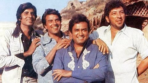 Star cast of the mega-blockbuster Sholay, including Amitabh Bachchan, Dharmendra, Sanjeev Kumar, and Amjad Khan.