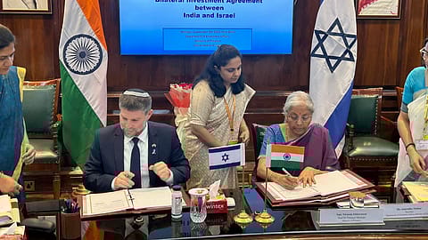 Finance Minister Nirmala Sitharaman and Finance Minister of Israel, Bezalel Smotrich, sign the BIT in New Delhi today. 