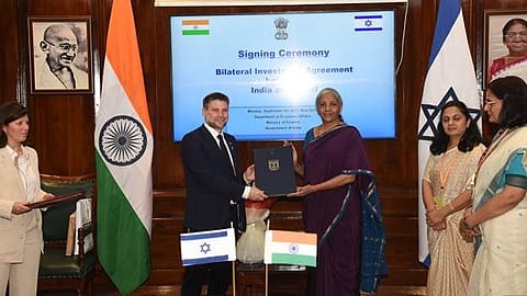 Finance Minister Nirmala Sitharaman and Finance Minister of Israel, Bezalel Smotrich, sign the BIT in New Delhi today. 