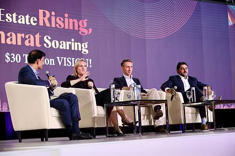 (From Right) Vikram Garg, Senior MD, Head of Asia Real Estate Asset Management at The Blackstone Group, Alessandro Fiascaris, Head of Asia Pacific, Oxford Properties Group, and Sarah Winbur, Senior Portfolio Manager, APG Asset Management (Singapore). Session was moderated by Anuj Puri, Chairman, ANAROCK.