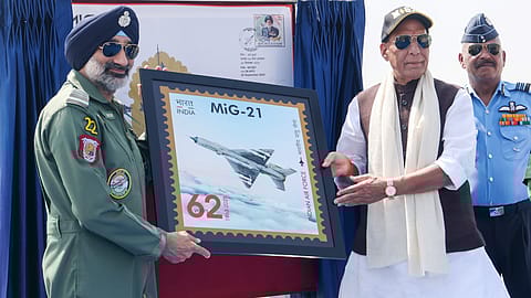 Union defence minister
Rajnath Singh and Chief of the Air Staff for the IAF, Air Chief Marshal Amar Preet Singh, during the decommissioning ceremony of the MiG-21 in Chandigarh on Friday.