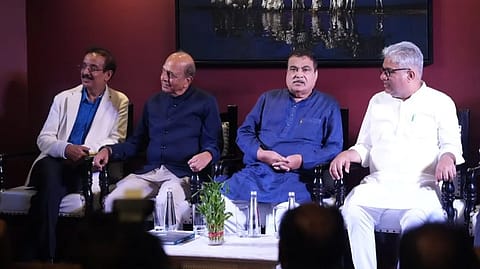 (L-R) Dr Ramakanta Panda, former Minister Dinesh Trivedi, Transport Minister Nitin Gadkari, and Environment Minister Bhupender Yadav at the launch of HEARTBEATS at Bikaner House