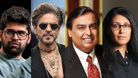 From left: Aravind Srinivas (Perplexity founder and CEO), Shahrukh Khan (actor), Mukesh Ambani (RIL CMD), Roshni Nadar Malhotra (HCLTech chairperson)