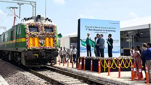 Flag-off of the first batch of over 100 Maruti Suzuki vehicles sent via rail for Anantnag from Manesar in-plant railway siding.