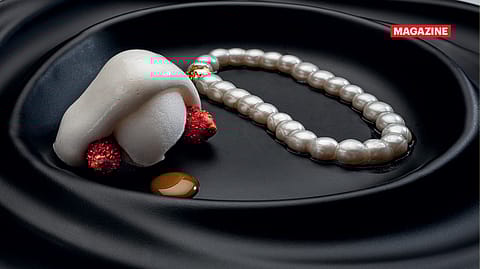Lychee pearl necklace, one of Disfrutar’s 30 courses, at The Oberoi, New Delhi, by chef Oriol Castro.