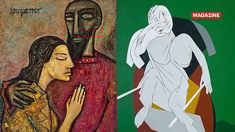 (From left) The Lovers, painted by Francis Newton Souza in 1960; Tyeb Mehta’s Rickshaw Puller depicts a woman on a rickshaw.