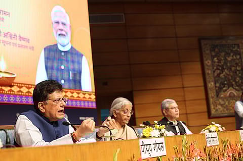 Left to Right: Commerce Minister Piyush Goyal, Finance Minister Nirmala Sitharaman, and Electronics and IT Minister Ashwini Vaishnaw