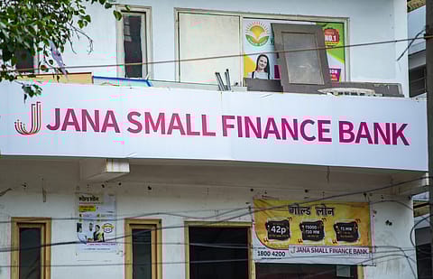 Jana Small Finance Bank's share was trading 2.82% lower at ₹444.85 on BSE at around 12:00 noon today
