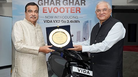 Nitin Gadkari, Union Minister for Road Transport and Highways, with Vikram Kasbekar, Chief Executive Officer, Hero MotoCorp, at the launch of the new VIDA VX2 Go 3.4 kWh electric scooter.
