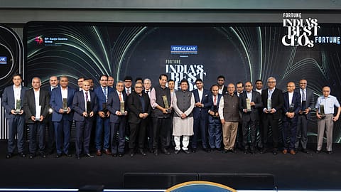 The winners of Fortune India's Best CEOs with chief guest, Piyush Goyal, the Union Minister of Commerce and Industry, Shashwat Goenka, vice chairman, RP-Sanjiv Goenka Group, and Sourav Majumdar, Editor-in-Chief, Fortune India