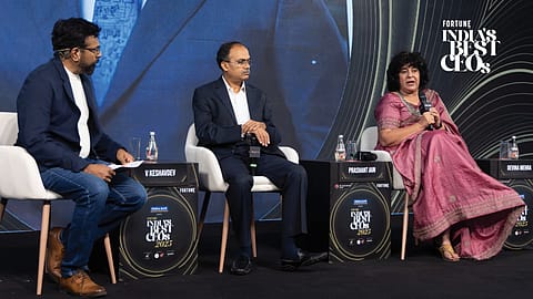 (From left) V. Keshavdev, Executive Editor, Fortune India in conversation with Prashant Jain, Founder & Chief Investment Officer, 3P Investment Managers; and Devina Mehra, Founder, Chairperson & Managing Director, First Global, at the India's Best CEOs 2025 awards 