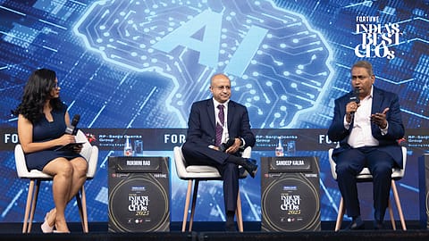 L to R: Rukmini Rao, Consulting Editor, Fortune India; Sandeep Kalra, CEO of Persistent Systems Ltd; and C. Vijayakumar, Managing Director & CEO of HCL Technologies Ltd