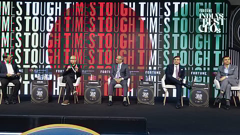 (L to R): Nevin John, National Corporate Editor, Fortune India; CK Venkataraman, MD, Titan; Satish Pai, MD and CEO, Hindalco; Rajesh Jejurikar, ED and CEO, Auto and Farm Sectors, Mahindra & Mahindra; Abhishek Lodha, MD and CEO, Lodha Developers, at Fortune India's Best CEOs 2025 awards in Mumbai on Monday.