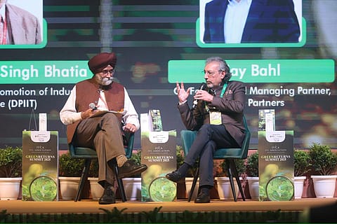 DPIIT Secretary Amardeep Singh Bhatia (left) in a fireside chat with Ajay Bahl of AZB & Partners at IVCA GreenReturns Summit 2025 in New Delhi on Monday.