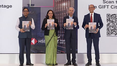 L to R - K Rajaraman, Chairman, IFSCA, Anuradha Thakur, Secretary, DEA, Govt of India, Hitendra Dave, CEO, HSBC India, and Sameer Gupta, National Tax Leader, EY India.