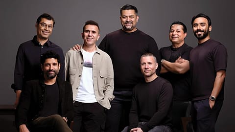 (L-R) Sanujeet Bhujabal (MD, Universal Music India), Farhan Akhtar (Co-Founder Excel Entertainment), Ritesh Sidhwani ( Co-Founder Excel Entertainment), Devraj Sanyal (Chairman & CEO Universal Music India), Adam Granite (CEO AMEA Universal Music Group), Kassim Jagmagia (Head of Creative, Excel Entertainment), Vishal Ramchandani (CEO Excel Entertainment)