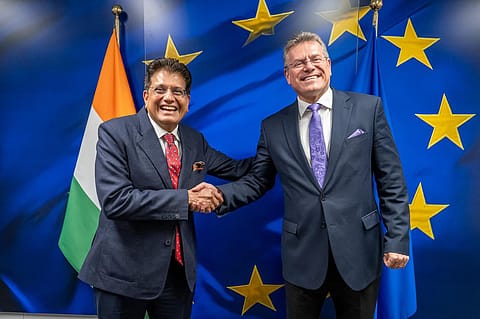 Commerce and Industry Piyush Goyal with EU Commissioner for Trade and Economic Security Maros Sefcovic in Brussels