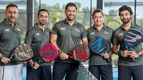 The transaction brings together a celebrity-led consumer-facing brand and an operating-led sports infrastructure company at a time when padel is witnessing sharp growth across India’s metropolitan centres. (L-R) Jigar Doshi, Nikhil Sachdev, MS Dhoni, Pratik Doshi and Ronak Daftary