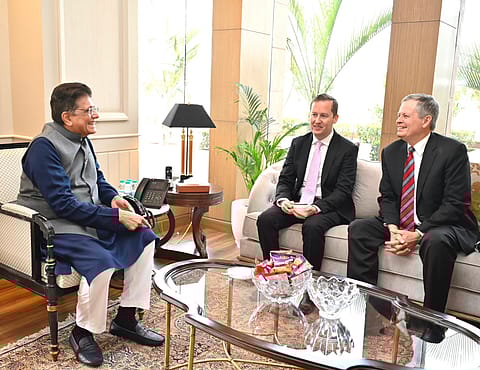 (L to R): Commerce and Industry Minister Piyush Goyal, US Ambassador to India Sergio Gor and American Senator Steve Daines.

