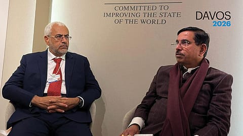 Union Minister Pralhad Joshi and Dr. Said Mohammed Ahmed Al Saqri, Economic Advisor at the Office of the Deputy Prime Minister for Economic Affairs, Oman, at a meeting in WEF, Davos. 