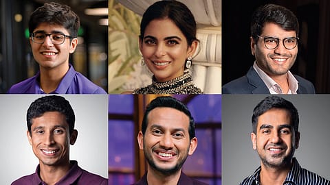 (Clockwise from top left) Aadit Palicha, Isha Ambani, Shashwat Goenka, Nikhil Kamath, Ritesh Agarwal and Vidit Aatrey.