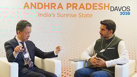Andhra Pradesh Minister Nara Lokesh with Yukio Kani, Global CEO and Chair of the Japanese energy major JERA, in Davos.