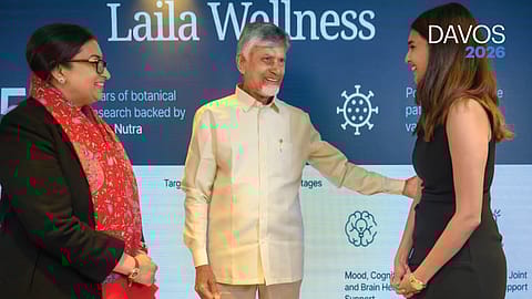 Former Union Minister Smriti Irani and Andhra Pradesh Chief Minister N. Chandrababu Naidu with Yuthika Gokaraju, Vice President – Business Development at Laila Nutraceuticals, in Davos.