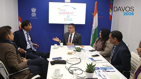 Gujarat Deputy Chief Minister Harsh Sanghavi interacts with Balkrishan Goenka, Chairman of Welspun Group and Lakshmi Mittal, Executive Chairman of ArcelorMittal, in Davos.