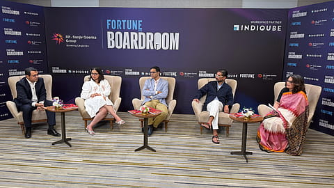 (L-R) Manish Taneja, CEO and Managing Director of Purplle, Romita Mazumdar, Founder and CEO of Foxtale, Shankar Prasad, Founder of Plum, Rohan Vazirali, Country General Manager at The Estée Lauder Companies, and Ajita Shashidhar, National Editor,Fortune India 