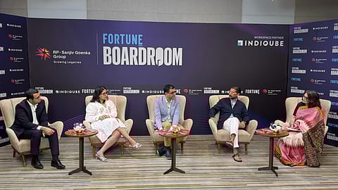 (L-R) Manish Taneja, CEO and Managing Director of Purplle, Romita Mazumdar, Founder and CEO of Foxtale, Shankar Prasad, Founder of Plum, Rohan Vazirali, Country General Manager at The Estée Lauder Companies, and Ajita Shashidhar, National Editor,Fortune India
